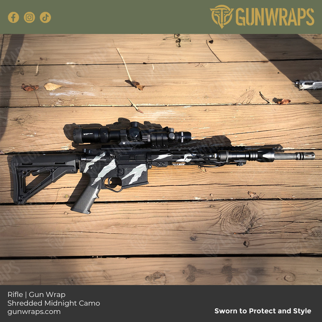 rifle shredded black camo wrap